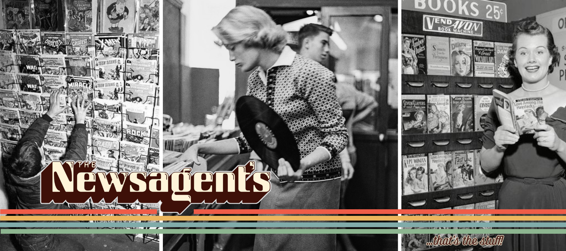 Vintage-style banner for The Newsagent's showcasing comic books, vinyl records, and paperback books.