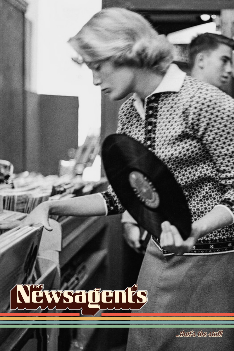 Vintage-style banner for The Newsagent's showcasing vinyl records.